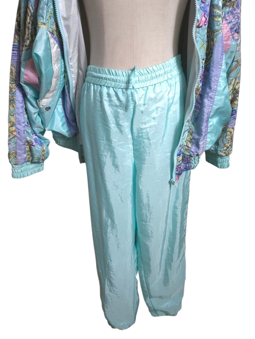 Clipper Bay Vintage Grandma Aqua Pastel Floral Track Suit Jacket & Pants - Picture 3 of 11